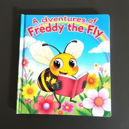 A whimsical children’s book cover featuring a colorful illustration of a cartoonish fly holding a tiny book, surrounded by vibrant flowers and greenery