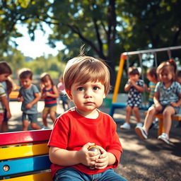 An introverted young child with a shy expression, sitting alone on a colorful playground bench surrounded by other kids playing together