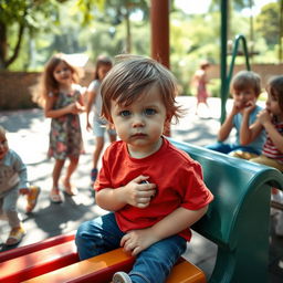 An introverted young child with a shy expression, sitting alone on a colorful playground bench surrounded by other kids playing together