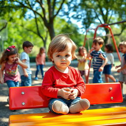 An introverted young child with a shy expression, sitting alone on a colorful playground bench surrounded by other kids playing together