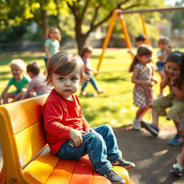 An introverted young child with a shy expression, sitting alone on a colorful playground bench surrounded by other kids playing together