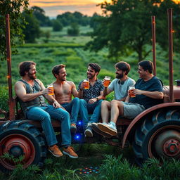 A vibrant scene featuring six men aged 23, immersed in a relaxed evening atmosphere with trance vibes