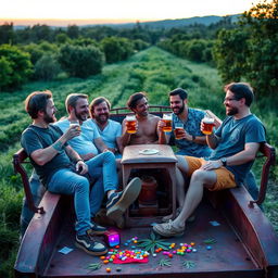 A vibrant scene featuring six men aged 23, immersed in a relaxed evening atmosphere with trance vibes