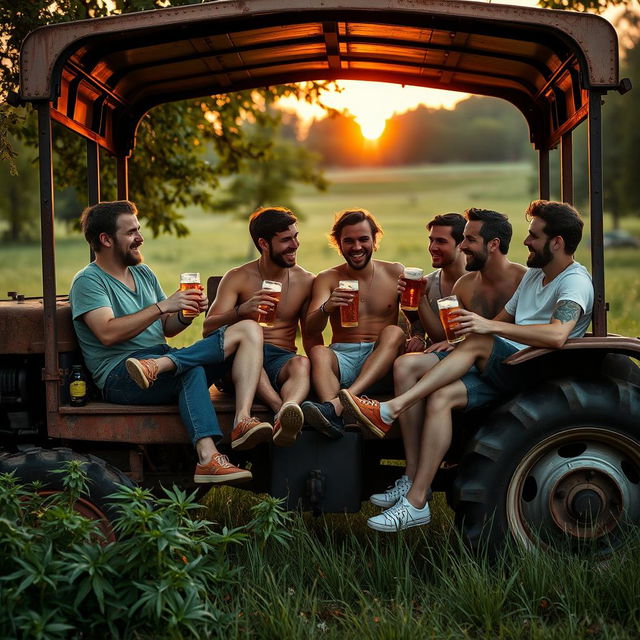 A vibrant scene featuring six men aged 23, immersed in a relaxed evening atmosphere with trance vibes