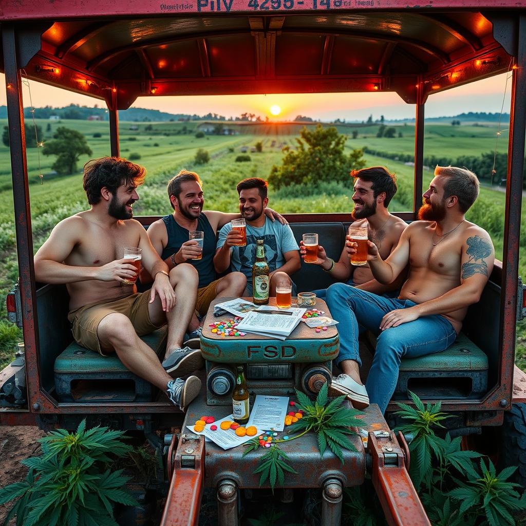 A vibrant scene featuring six men aged 23, immersed in a relaxed evening atmosphere with trance vibes