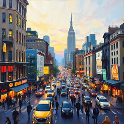An impressionist painting of a lively and bustling cityscape, capturing the energy and vibrancy of urban life