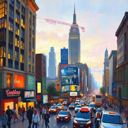 An impressionist painting of a lively and bustling cityscape, capturing the energy and vibrancy of urban life