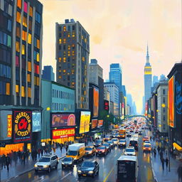 An impressionist painting of a lively and bustling cityscape, capturing the energy and vibrancy of urban life