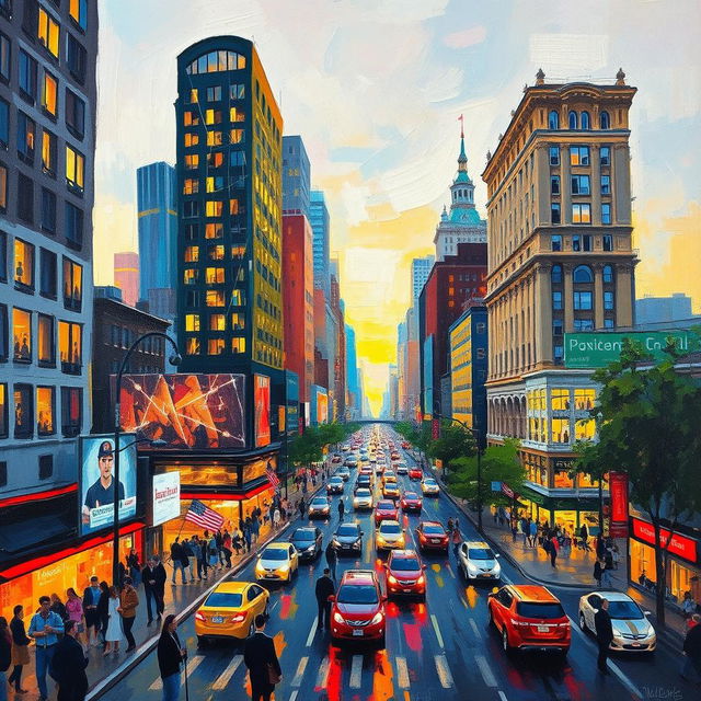 An impressionist painting of a lively and bustling cityscape, capturing the energy and vibrancy of urban life