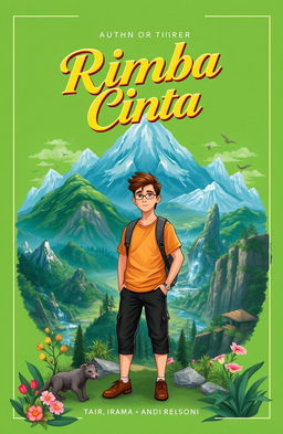 An enchanting illustration titled 'Rimba Cinta', featuring a lush green background symbolizing adventure and nature