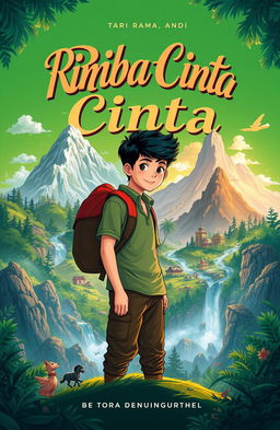 An enchanting illustration titled 'Rimba Cinta', featuring a lush green background symbolizing adventure and nature