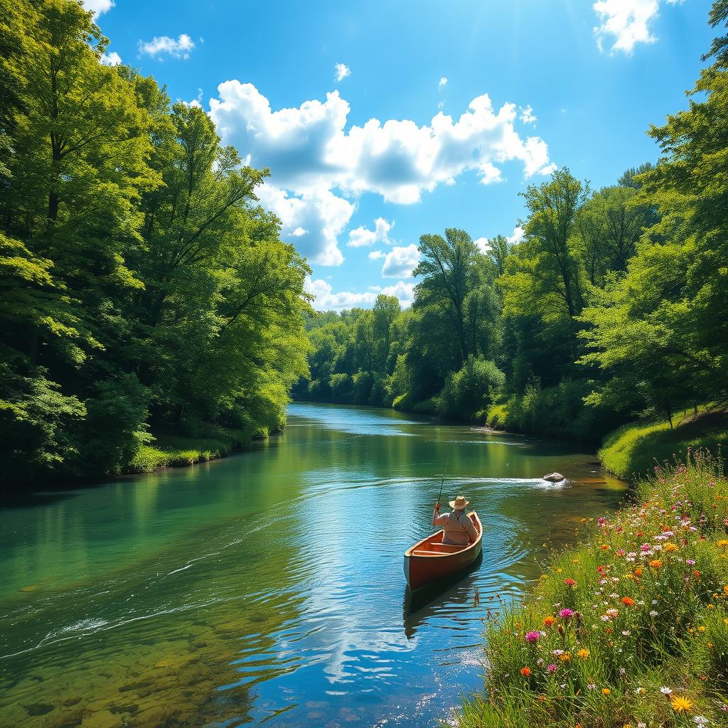 A picturesque river scene winding through a lush green landscape, surrounded by tall trees with vibrant foliage