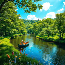 A picturesque river scene winding through a lush green landscape, surrounded by tall trees with vibrant foliage