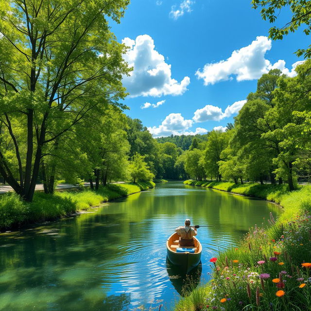 A picturesque river scene winding through a lush green landscape, surrounded by tall trees with vibrant foliage