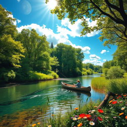 A picturesque river scene winding through a lush green landscape, surrounded by tall trees with vibrant foliage