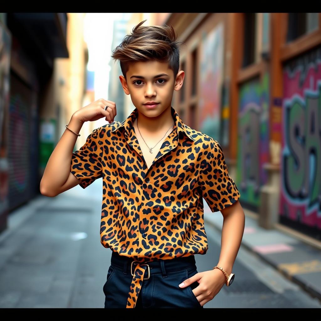 A stylish boy wearing a vibrant leopard print shirt, standing confidently in an urban setting