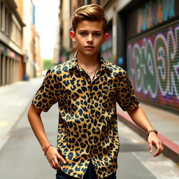 A stylish boy wearing a vibrant leopard print shirt, standing confidently in an urban setting
