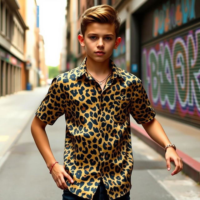 A stylish boy wearing a vibrant leopard print shirt, standing confidently in an urban setting