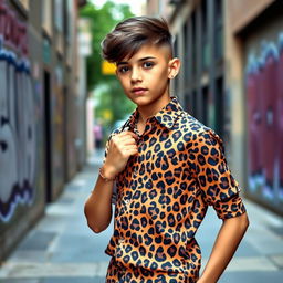 A stylish boy wearing a vibrant leopard print shirt, standing confidently in an urban setting