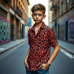 A stylish boy wearing a vibrant leopard print shirt, standing confidently in an urban setting