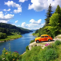 A serene river scene featuring a winding river surrounded by lush green landscapes, with a picturesque background car parked along a scenic overlook