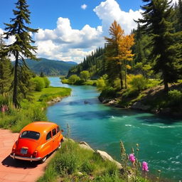 A serene river scene featuring a winding river surrounded by lush green landscapes, with a picturesque background car parked along a scenic overlook