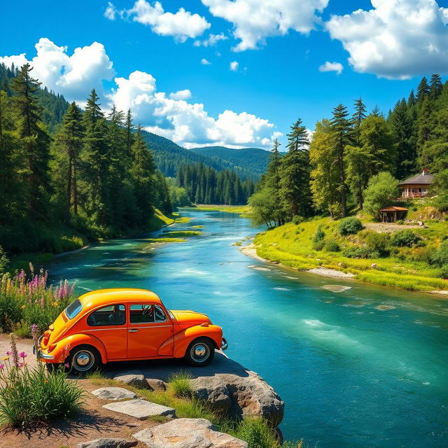 A serene river scene featuring a winding river surrounded by lush green landscapes, with a picturesque background car parked along a scenic overlook