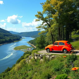 A serene river scene featuring a winding river surrounded by lush green landscapes, with a picturesque background car parked along a scenic overlook