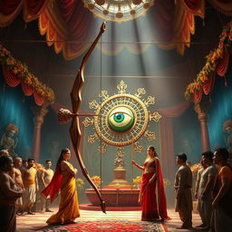 A dynamic and captivating scene inside the Swayamvar hall, featuring a massive bow placed prominently at the center