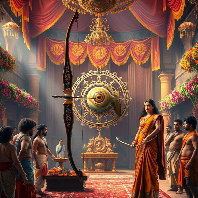 A dynamic and captivating scene inside the Swayamvar hall, featuring a massive bow placed prominently at the center