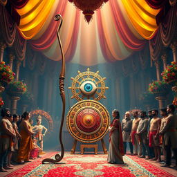 A dynamic and captivating scene inside the Swayamvar hall, featuring a massive bow placed prominently at the center