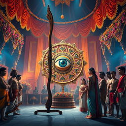 A dynamic and captivating scene inside the Swayamvar hall, featuring a massive bow placed prominently at the center