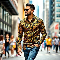 A stylish and modern man wearing a full sleeve leopard print shirt, confidently posing in an urban setting