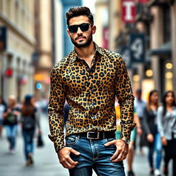 A stylish and modern man wearing a full sleeve leopard print shirt, confidently posing in an urban setting