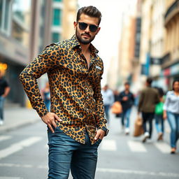 A stylish and modern man wearing a full sleeve leopard print shirt, confidently posing in an urban setting