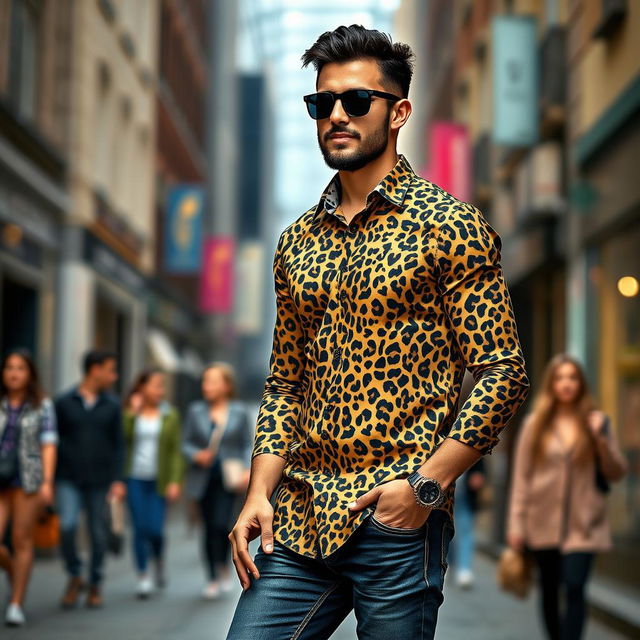 A stylish and modern man wearing a full sleeve leopard print shirt, confidently posing in an urban setting