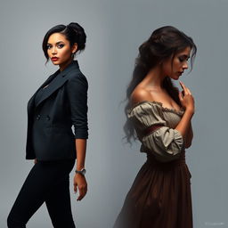 A striking image featuring two women standing back to back, with the left side depicting a modern, empowered woman in a confident, stylish outfit, exuding independence and strength