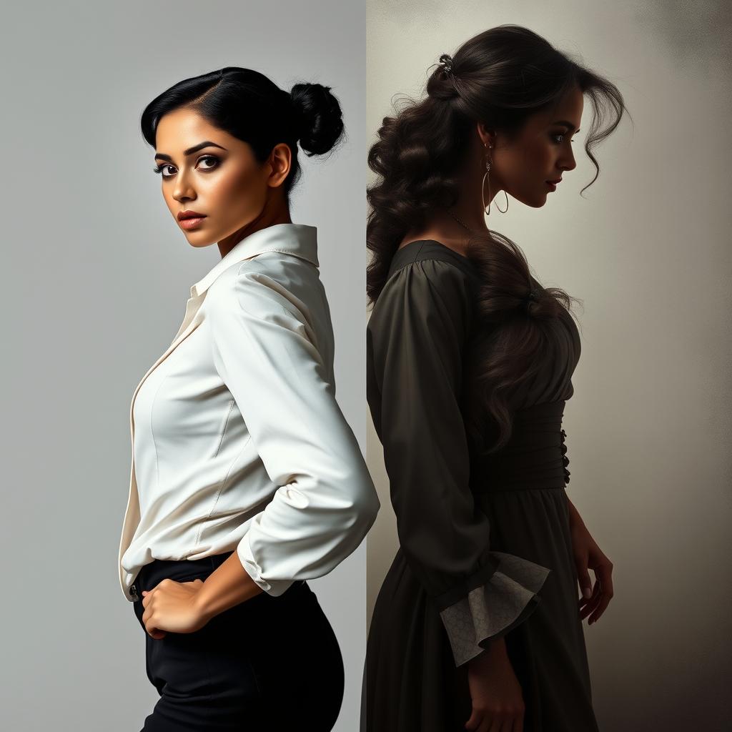A striking image featuring two women standing back to back, with the left side depicting a modern, empowered woman in a confident, stylish outfit, exuding independence and strength