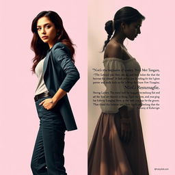 A striking image featuring two women standing back to back, with the left side depicting a modern, empowered woman in a confident, stylish outfit, exuding independence and strength