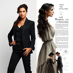A striking image featuring two women standing back to back, with the left side depicting a modern, empowered woman in a confident, stylish outfit, exuding independence and strength