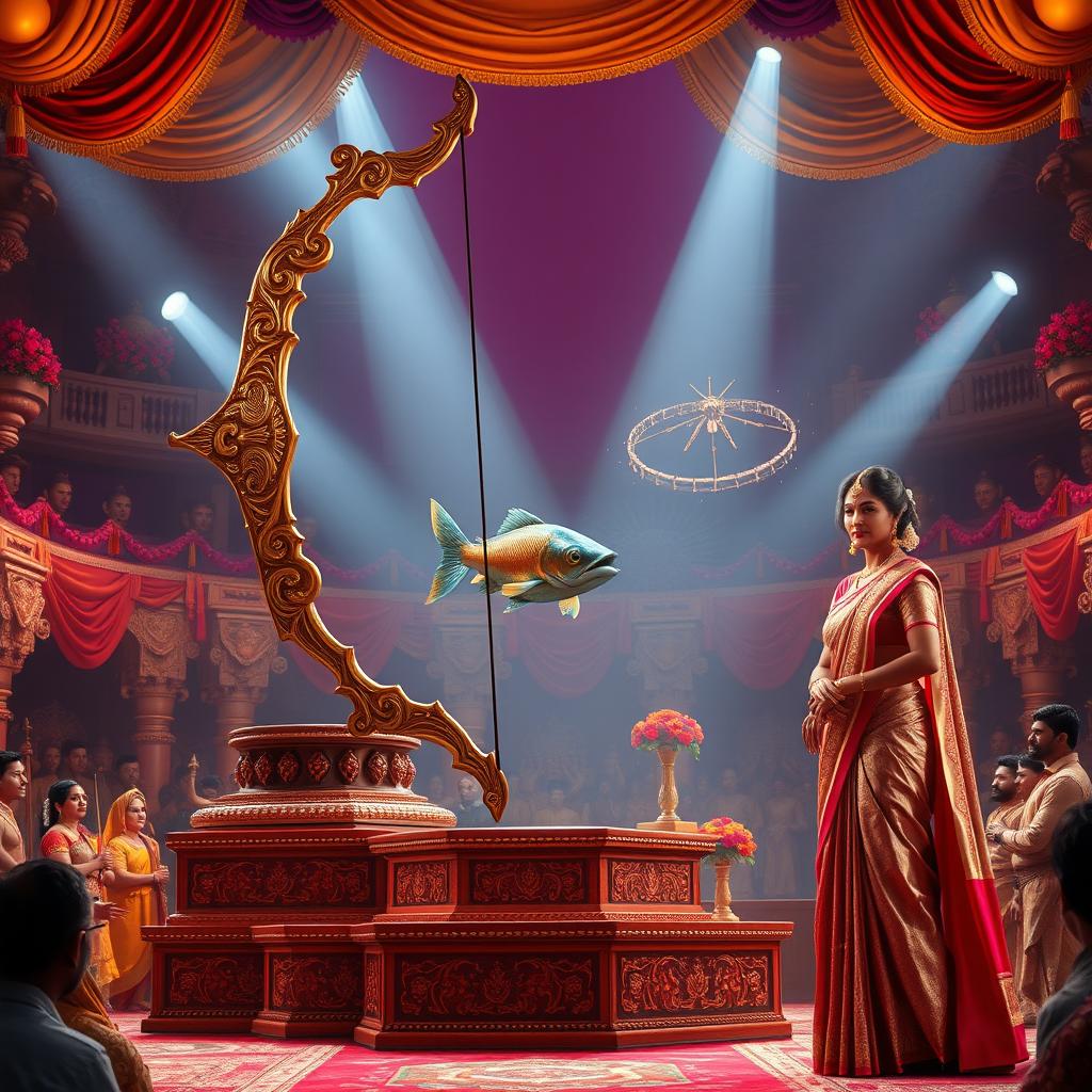 In the heart of the Swayamvar hall, a striking scene unfolds featuring a massive, intricately crafted bow resting prominently on a richly decorated pedestal