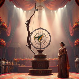 In the heart of the Swayamvar hall, a striking scene unfolds featuring a massive, intricately crafted bow resting prominently on a richly decorated pedestal