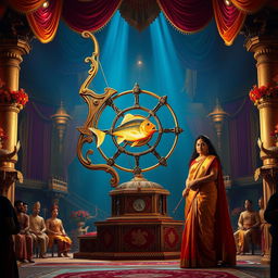 In the heart of the Swayamvar hall, a striking scene unfolds featuring a massive, intricately crafted bow resting prominently on a richly decorated pedestal
