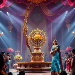 In the heart of the Swayamvar hall, a striking scene unfolds featuring a massive, intricately crafted bow resting prominently on a richly decorated pedestal