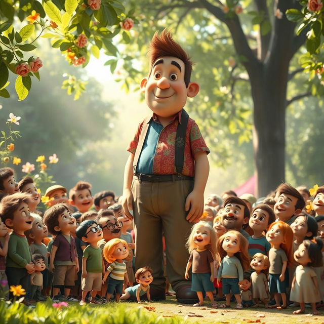 A large person standing amidst a crowd of much smaller individuals, showcasing a whimsical and fantastical scene