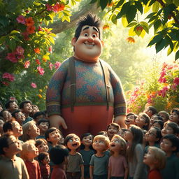 A large person standing amidst a crowd of much smaller individuals, showcasing a whimsical and fantastical scene