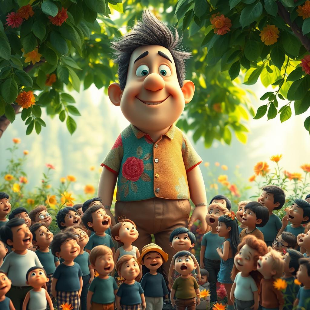 A large person standing amidst a crowd of much smaller individuals, showcasing a whimsical and fantastical scene