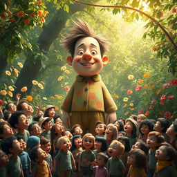 A large person standing amidst a crowd of much smaller individuals, showcasing a whimsical and fantastical scene