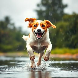 A playful dog joyfully running in the rain, raindrops splashing around as it leaps through puddles