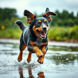A playful dog joyfully running in the rain, raindrops splashing around as it leaps through puddles